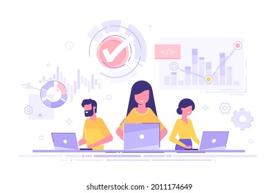 Data scientists, software engineer, statistician, programmers, visualizer and analyst working on a project. Big Data analysis concept. Professional team working together. Modern vector illustration.