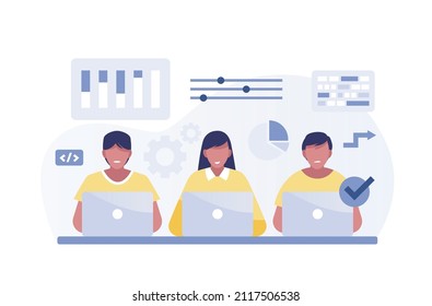 Data scientists, software engineer, statistician, programmers, visualizer and analyst working on a project. Big Data analysis concept.