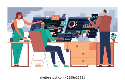 Data scientists, software engineer, statistician, programmers, visualizer and analyst working on a project. Big Data analysis concept. Professional team working together. Modern vector illustration in