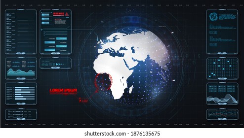 Data screen with chart, graphic, ui, ux panel, visualization screen. Earth globe, control center, command, game. Globe with digital radar interface, concept of communication technology. Vector