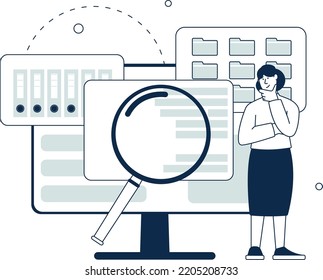 Data search concept. Woman looking for files on computer