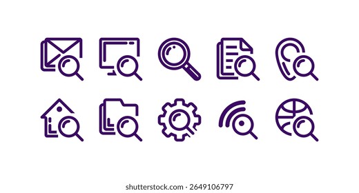 Data search flat icons set. Magnify glass, find people, image zoom, database exploration, analysis vector illustrations