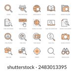 Data search flat line icons set. Magnify glass, find people, image zoom, database exploration, analysis vector illustrations. Thin signs for web engine. Orange color. Editable Strokes