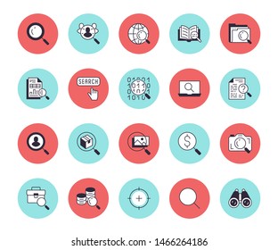 Data search flat line icons set. Magnify glass, find people, image zoom, database exploration, analysis vector illustrations. Thin signs for web engine.