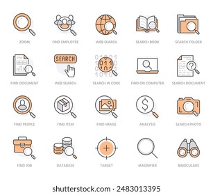 Symbole für die Datensuche mit flachen Linien wurden festgelegt. Gläser vergrößern, Menschen finden, Bild zoomen, Datenbank-Erkundung, Analyse-Vektorillustrationen. Dünne Schilder für Web-Motor. Orangefarben. Bearbeitbare Striche