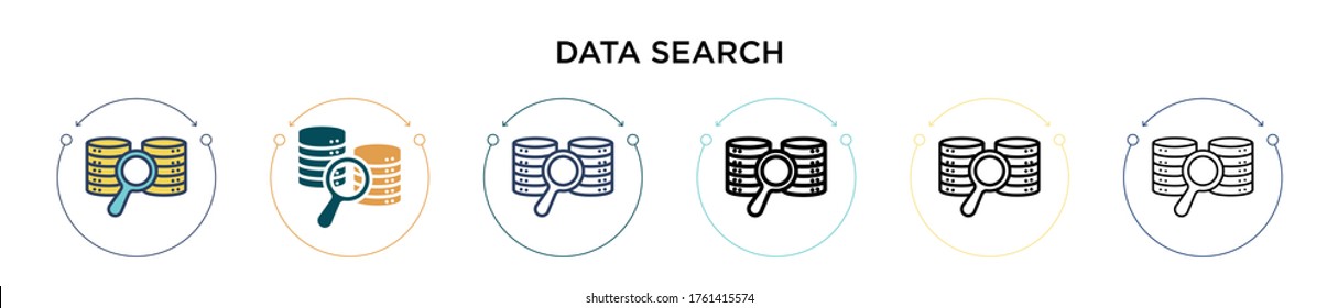 Data search icon in filled, thin line, outline and stroke style. Vector illustration of two colored and black data search vector icons designs can be used for mobile, ui, web