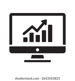 Data search icon with magnifying glass on a pie chart for market segment analysis business intelligence and financial data investigation vector solid glyph icon