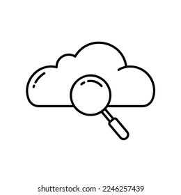 Data search icon on cloud computing with magnifying glass to find search results in black outline style