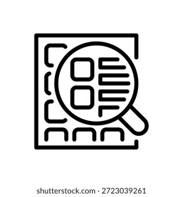Ícone da Linha de Pesquisa de Dados, Símbolo de Estrutura de Tópicos para Descoberta de Informações, Consulta de Banco de Dados, Filtragem de Palavras-chave, Recuperação Analítica e Descoberta de Conteúdo. Ícone de sinal vetorial.