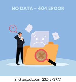 Búsqueda de datos no encontrada o concepto de vector de ilustración de error 404. Ilustración de sitios web, páginas de aterrizaje, aplicaciones móviles, carteles y banners