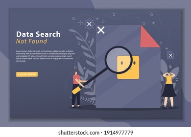 Data search not found illustration concept landing page with tiny people character. Contains such icons as Looking For, Search, Not Found. Good for websites, landing page, posters, and banner
