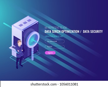 Data search optimization, information server, protection and security of database, server room with magnifying glass, businessman IT isometric 3d vector