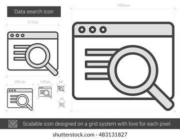 Ícone de linha de vetor de pesquisa de dados isolado no plano de fundo branco. Ícone de linha de pesquisa de dados para infográfico, site ou aplicativo. Ícone escalável projetado em um sistema de grade.