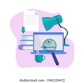 Búsqueda de datos. Información digital, educación a distancia o tutoriales. Utilizar cursos y capacitaciones en línea, concepto de vectores de estudio web