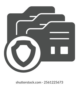 Data secure folder solid icon, data protection concept. Vector graphics. Safety shield, emblem with file folders sign on white background, glyph style icon for mobile or web design