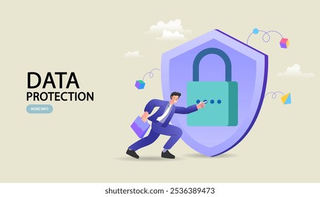 Los datos están protegidos de forma segura. Seguridad cibernética y protección de datos, PDPA. Empresario gestión segura de datos. proteger los datos de ataques de piratas informáticos. Ilustración vectorial de redes de tecnología de Internet.