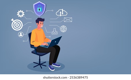 Data is securely protected. Cyber security and data protection privacy, PDPA. Businessman secure data management. protect data from hacker attacks. internet technology networking vector illustration.