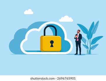 Os dados estão protegidos com segurança. Sala do servidor em forma de nuvem. Rede, dados, segurança, interface digital, conexão, processamento e comunicação. Ilustração em plano vetorial