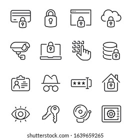 Data security, access to personal information protected by password, identification, authentication, surveillance - set of linear symbols, icons or pictograms. Modern monochrome vector illustration.