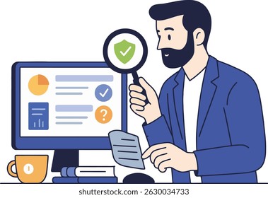 Data Security Analysis, Vector Illustration. Businessman Analyzing Data with Magnifying Glass.