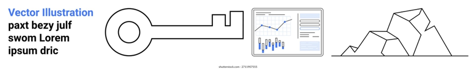 Seguridad de datos, crecimiento del negocio, diseño abstracto, análisis, tecnología, desbloqueo de potencial. Esquema clave, gráfico de barras con métricas y patrones geométricos. Concepto de seguridad de datos y crecimiento empresarial