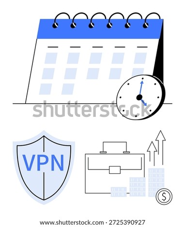 Data security, business planning, efficiency, financial success, corporate management, technology tools. Shield with VPN text, clock calendar briefcase and bar graph. Data security and business