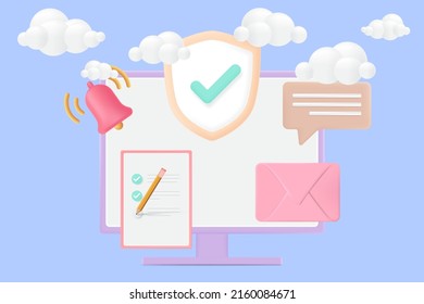 Data Security Concept. Checkmark And Sheild. Alarm Bell, Bubble Message, Envelope, And Paper Checklist. 3d Vector Illustration.