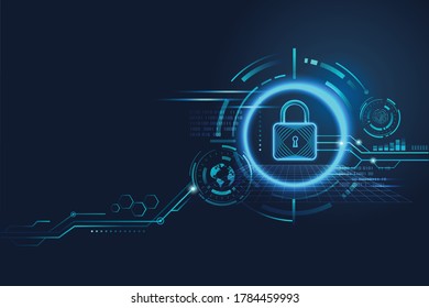 Data security concept design for personal privacy, data protection, and cyber security. Padlock with Keyhole icon on blue background.