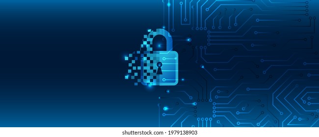 Data security concept design for personal privacy. Digital data network protection. Padlock with Keyhole icon and circuit board on blue background.