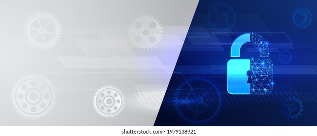 Data security concept design for personal privacy, data protection. Cybersecurity web banner. Shield icon with gears on a blue background.