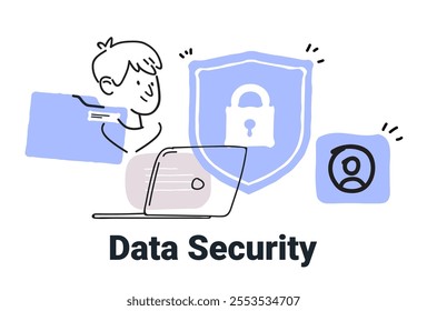 Data security concept laptop shield lock person file minimalist doodle style