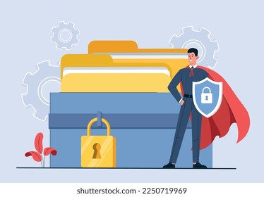 Concepto de seguridad de datos. Hombre con capa de superhéroe con escudo. Seguridad y protección, antivirus y prevención del hackeo y robo de información personal del archivo. Dibujo vectorial plano de dibujos animados