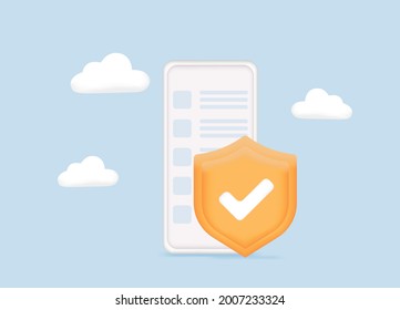 Data security concept. Mobile security app on smartphone screen. Data security protection. Security and antivirus protection. Data center. Website template. 3D Vector Illustrations. Web banner