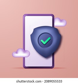 Data security concept. Mobile security app on smartphone screen. 3D shield icon phone mobile illustration