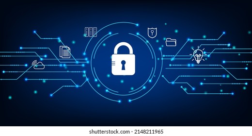 Data security concept with padlock and cyber connection link. Technology Global Network Digital Data Protection Background.