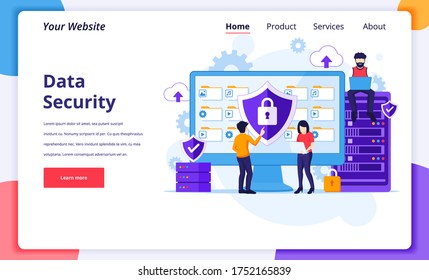 Data Security concept, People work on screen protecting data and files. Modern flat landing page design for website and mobile website. Vector illustration