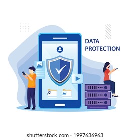 Data Security concept, People work on screen protecting data and files. Flat vector template Style Suitable for Web Landing Page, Background.