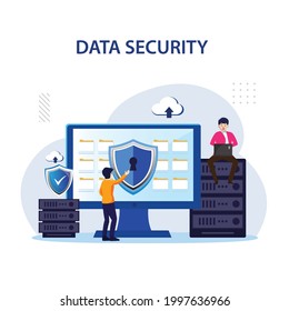 Data Security concept, People work on screen protecting data and files. Flat vector template Style Suitable for Web Landing Page, Background.