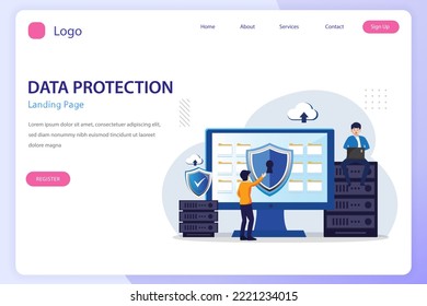 Data Security concept, People work on screen protecting data and files. Flat vector template