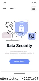 Data security concept with person laptop shield. Illustration shows a person using a laptop with a shield and lock icon symbolizing security. Minimalist hand drawn web template