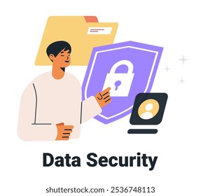 Data security concept with person pointing at shield lock icon folder and user profile in modern flat style. Suitable for digital privacy themes