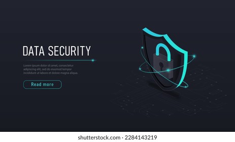 Data security concept. Shield with lock. Internet safety, vpn and firewall. Landing page. Antivirus to prevent hacking and viruses. Cyber security and malware. Cartoon isometric vector illustration