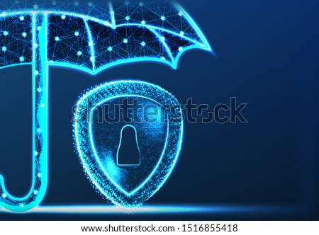 Data Security Concept. With Umbrella and shield from line and dot. Abstract low Poly Wireframe Mesh Design. Vector Illustration. Blue Background