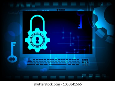 Data security cyber protection concept. system privacy vector illustrations. key padlock and computer laptop on dark blue background digital technology connection secure alert