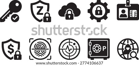 Data security and cyber protection icons. Features fingerprint, padlock, key, and secure cloud symbols