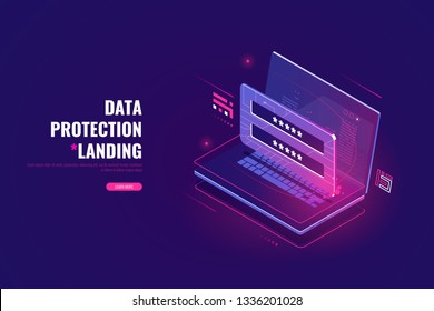 Data security, cybersecurity isometric icon, laptop with user authentication form, password enter, cloud computing concept, ultraviolet vector
