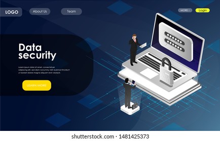 Data security, cybersecurity isometric icon, laptop with user authentication form, password enter, data management. cloud computing concept, ultraviolet vector.
