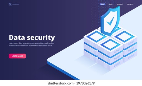 Data security, database protection, information storage, server, datacenter vector illustration. Vector isometric illustration for website, landing page, banner. Hero image design.