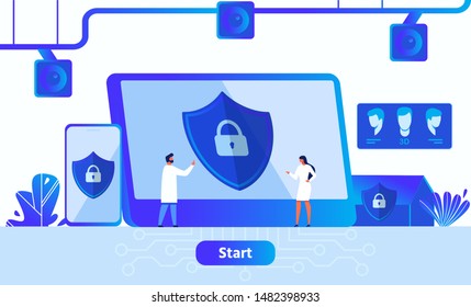 Data Security, Digital Information and Privacy Protection Application Advertisement. Metaphor Webpage with Start Button and Scientists Characters Standing near Huge Devices. Vector Flat Illustration