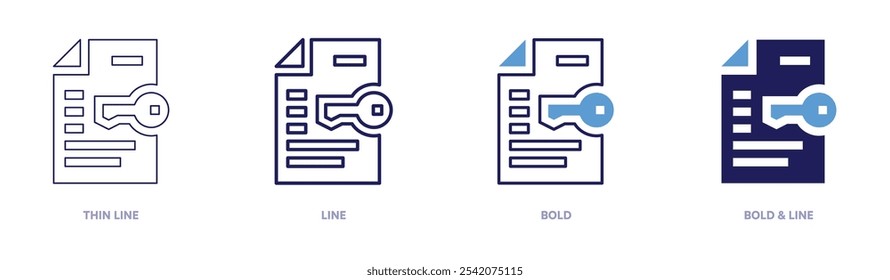 Icono de documento de seguridad de datos en 4 estilos diferentes. Línea delgada, línea, negrita y línea negrita. Estilo duotono. Trazo editable.